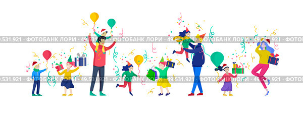 Happy Christmas Day Celebrating together happy. Group of cartoon people in Santa hats and children. Jump and throw gift. Merry Christmas and Happy New Year family character. Illustration, vector. Happy Christmas Day Celebrating together happy. Group of cartoon people in Santa hats and children. Jump and throw gift. Merry Christmas and Happy New Year family. Стоковая иллюстрация, агентство Ingram Publishing / Фотобанк Лори