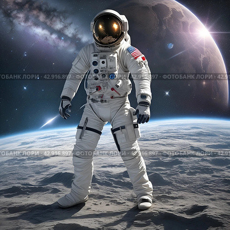 Happy Cosmonautics Day. An astronaut wearing a spacesuit in outer space. A breathtaking view of the planet Earth. An image created with the help of artificial intelligence. Стоковое AI-изображение, AI-художник Photojuli / Фотобанк Лори