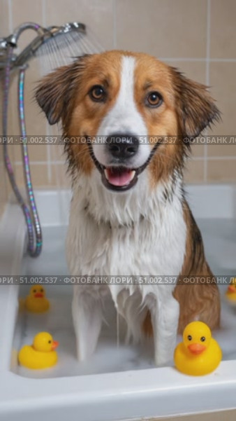Happy dog enjoying bath time with rubber ducks. Стоковое AI-видео, аниматор Юрий Поздников / Фотобанк Лори