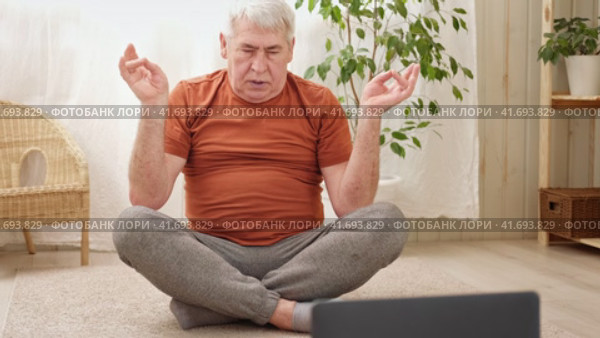 Happy Elderly Man Watching Online Tutorials On Laptop, Training At Home, Sitting On Floor. Cozy Living Room. Retired Male Learning Exercise. Senior Man Doing Yoga Indoor. Anti Age, Sport, Reaching Zen. Стоковое видео, видеограф Марина Демидюк / Фотобанк Лори
