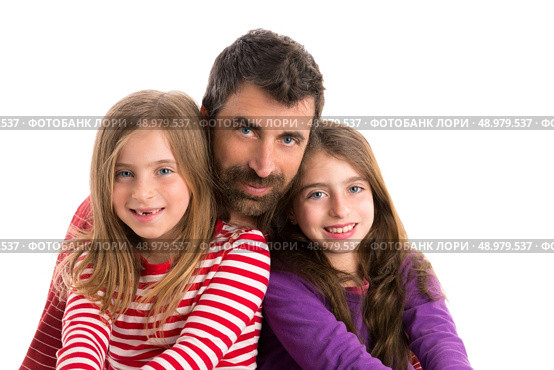 Happy family beard father and two kid daughters blue eyes on white background. Стоковое фото, агентство Ingram Publishing / Фотобанк Лори