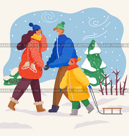 Happy family have fun outside in winter. Mother father and their son are going to sled and ice skate together. Smiling family resting in warm clothes outdoors in cold winter vector illustration. Happy family is having fun outside in winter. Winter outdoor activities ice skating and sledding. Стоковая иллюстрация, агентство Ingram Publishing / Фотобанк Лори