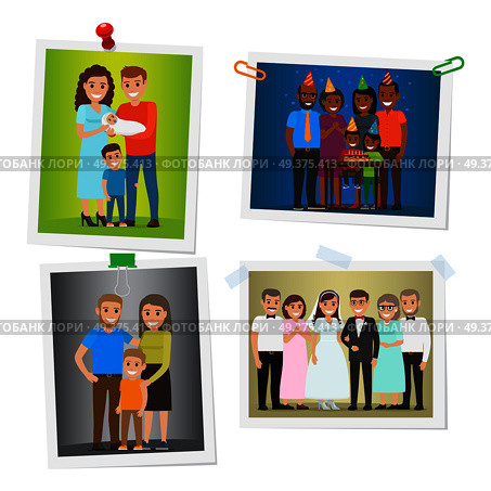 Happy family pinned portraits set. Smiling parents with children celebrating kids birthday and newlyweds with parents-in-law on wedding ceremony pictures with pins and clips flat vector illustrations. Happy Family Pinned Portraits Flat Vectors Set. Стоковая иллюстрация, агентство Ingram Publishing / Фотобанк Лори