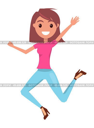 Happy girl joyfully jumping and laughing isolated on white background. Concept of happiness and fun. Young smiling woman emotion of joy, cheerful female character rejoicing bounced and waving hand. Happy girl joyfully jumping and laughing isolated on white background. Concept of happiness and fun. Стоковая иллюстрация, агентство Ingram Publishing / Фотобанк Лори