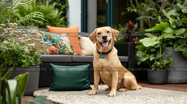 Happy golden retriever sitting on a rug surrounded by lush greenery and cushions. Счастливый золотистый ретривер сидит на ковре в окружении пышной зелени и подушек. Стоковое AI-изображение, AI-художник Katsiaryna Repich / Фотобанк Лори