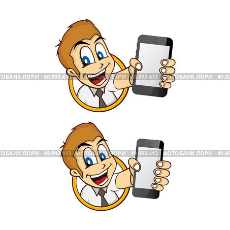 happy guy smile cartoon with handphone. happy guy smile cartoon with handphone theme vector art illustration. Стоковая иллюстрация, агентство Ingram Publishing / Фотобанк Лори