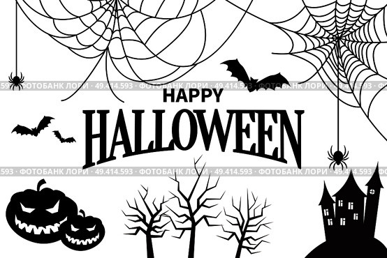 Happy Halloween colorless poster with pumpkins and trees, creepy house and cobweb, spiders and bats vector illustration isolated on white. Happy Halloween Colorless Vector Illustration. Стоковая иллюстрация, агентство Ingram Publishing / Фотобанк Лори