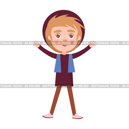 Happy little boy in scarf and hat celebrates international holiday for children. Global kids day poster with young male in cartoon style. Boy Celebrates International Holiday for Kids. Стоковая иллюстрация, агентство Ingram Publishing / Фотобанк Лори