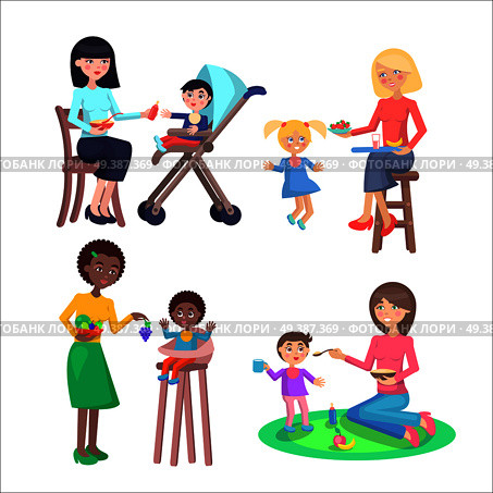 Happy mothers feeds little children set. Young women gives tasty porridge, fruits and juices their little sons and daughters in bibs isolated flat vectors. Toddlers healthy nutrition illustration . Happy Mothers Feeds Little Kids Flat Vectors Set. Стоковая иллюстрация, агентство Ingram Publishing / Фотобанк Лори