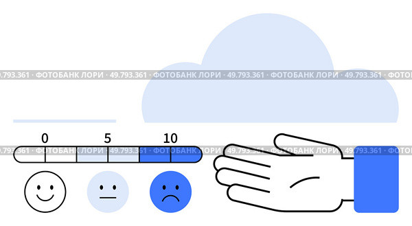 happy, neutral, and sad face icons with 0, 5, 10 numeric scale, hand icon, large blue cloud. Ideal for feedback emotions evaluation support mental health decision making digital services. Line. Emotional Feedback Meter with Cloud and Hand Symbolizing Evaluation and Support. Стоковая иллюстрация, агентство Ingram Publishing / Фотобанк Лори