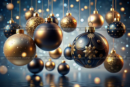 Happy New Year 2025. Beautiful Christmas background, banner made of glass Christmas balls. Стоковое AI-изображение, AI-художник Photojuli / Фотобанк Лори