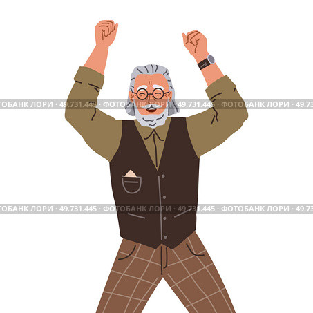 Happy old man jumping and dancing. Elders having fun to music, aged person at party flat vector illustration. Joyful grandfather raised his hands up. Positive person gesturing joyful emotions. Happy old man jumping and dancing. Elders having fun to music, aged person at party flat vector. Стоковая иллюстрация, агентство Ingram Publishing / Фотобанк Лори