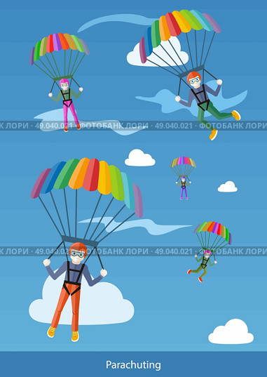 Happy peoples plans with parachute. Group of happy parachutists descend from the sky on parachutes fly between the clouds. Web banners, marketing and promotional materials, presentation templates. Стоковая иллюстрация, агентство Ingram Publishing / Фотобанк Лори