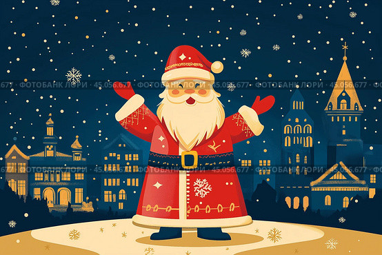 Happy Saint Nicholas Day. St.Nicolas holding gift. Winter holiday. Стоковое AI-изображение, AI-художник Ирина Ручушкина / Фотобанк Лори