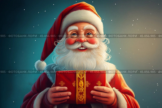 Happy Saint Nicholas Day. St.Nicolas holding gift. Winter holiday. Стоковое AI-изображение, AI-художник Ирина Ручушкина / Фотобанк Лори