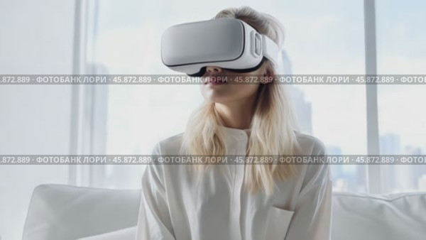 Happy smiling woman Afro American black in futuristic style virtual reality headset in a bright room, in white clothes. In low poly style, showing intelligent AI model with accurate wireframe design. Стоковое AI-видео, аниматор ALLA YURTAYEVA / Фотобанк Лори