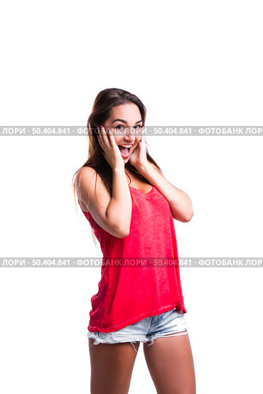 Happy woman astonished with something, isolated over white background. Стоковое фото, агентство Ingram Publishing / Фотобанк Лори