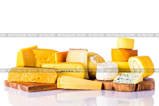 Hard Cheese, Soft Cheese, Blue Cheese isolated on white background. Стоковое фото, агентство Ingram Publishing / Фотобанк Лори
