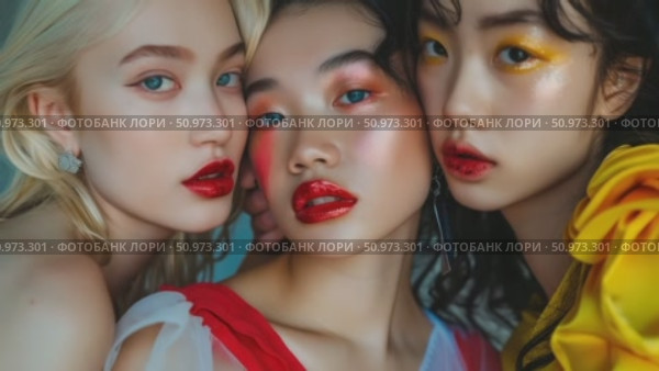 Harmonious grouping of diverse women with expressive gazes and brilliant makeup, emphasizing the powerful elegance of feminine form. Стоковое AI-видео, аниматор Данила Большаков / Фотобанк Лори
