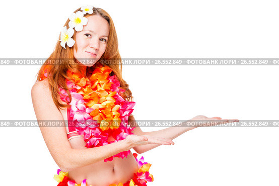 Hawaiian girl in traditional clothes and space on the right over white background. Стоковое фото, фотограф Константин Лабунский / Фотобанк Лори