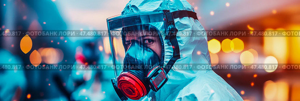 Hazmat Hero: Courage in Contamination; Safety Suit Assurance against Biohazard, Disease, and Pollution, Vital Equipment for Worker Resilience. Стоковое AI-изображение, AI-художник Данила Большаков / Фотобанк Лори