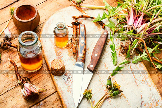 Healing herbs and herbal medicinal roots.Extract of dandelion.Taraxacum,medicinal plants.Dandelion root.. Dandelion root in herbal medicine,wooden table. Стоковое фото, агентство Ingram Publishing / Фотобанк Лори