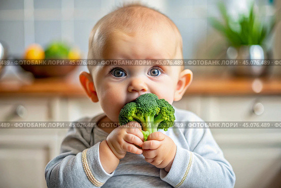 Healthy baby food. The first meal. Feeding the baby. A cute kid tastes broccoli. Fresh vegetables and fruits. Стоковое AI-изображение, AI-художник Photojuli / Фотобанк Лори