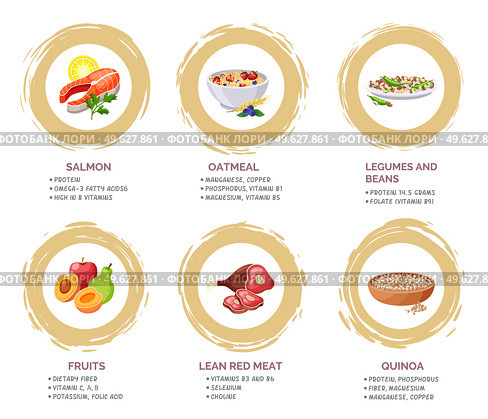 Healthy foods information poster with useful products, content of nutrients and vitamins flat vector illustration. Set of salmon fish, oatmeal, legumes and beans, fresh fruits, lean red meat, quinoa. Healthy foods information poster with useful products, content of nutrients and vitamins. Стоковая иллюстрация, агентство Ingram Publishing / Фотобанк Лори