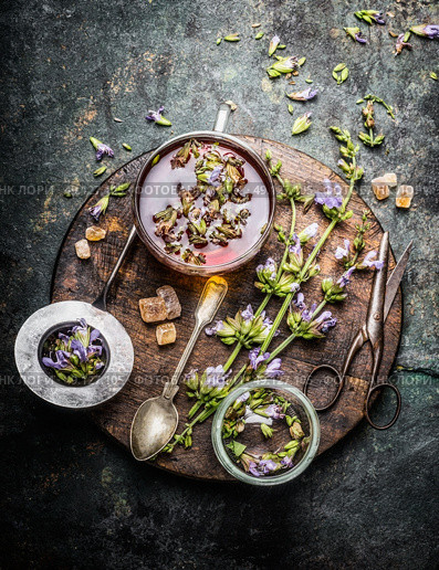 Healthy herbal tea preparation with fresh healing herbs, cup and vintage tea strainer on dark rustic wooden background, top view. Стоковое фото, агентство Ingram Publishing / Фотобанк Лори