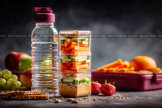Healthy lunch box with fresh vegetables, fruits, and water bottle. Стоковое AI-изображение, AI-художник Мария Фадеева / Фотобанк Лори