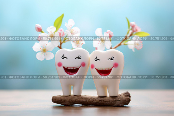 Healthy teeth smiling with spring flowers representing oral hygiene. Стоковое AI-изображение, AI-художник Иван Рябоконь / Фотобанк Лори