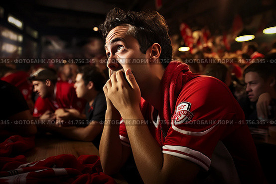 Heartbroken man experiences disappointment as his beloved football club loses a crucial match. Стоковое AI-изображение, AI-художник Юрий Поздников / Фотобанк Лори