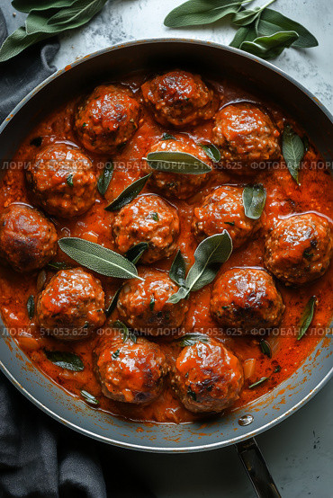 Hearty Meatballs Simmer in a Rich Tomato Sauce With Fresh Herbs for a Delicious Meal. Стоковое AI-изображение, AI-художник Юлия Гапеенко / Фотобанк Лори