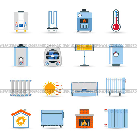 Heating Flat Color Icon Set. Heating devices boilers radiators and emitter or fireplace flat color icon set isolated vector illustration. Стоковая иллюстрация, агентство Ingram Publishing / Фотобанк Лори