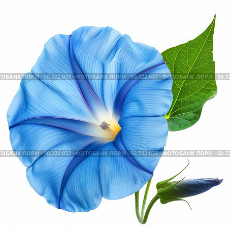 Heavenly blue morning glory blooming with bud and leaf. Стоковое AI-изображение, AI-художник Иван Рябоконь / Фотобанк Лори