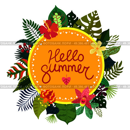 Hello summer colorful concept with beautiful tropical plants and flowers on white background flat vector illustration. Tropical Plants Concept. Стоковая иллюстрация, агентство Ingram Publishing / Фотобанк Лори