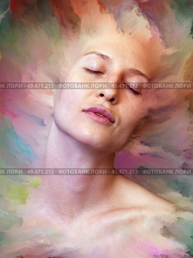 Her World series. Abstract background made of female portrait fused with vibrant paint for use with projects on feelings, emotions, inner world, creativity and imagination. Стоковое фото, агентство Ingram Publishing / Фотобанк Лори