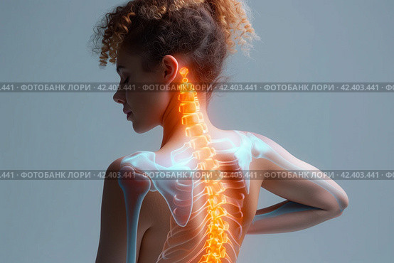 Hernia of the cervical spine, neck pain, woman suffering from backache, spondylosis of the intervertebral disc, health problems concept, AI Generated. Стоковое AI-изображение, AI-художник Станислав Тарко / Фотобанк Лори
