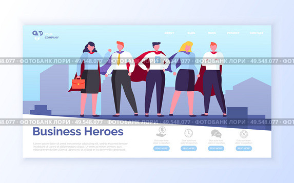 Heroes in field of business vector, man and woman wearing formal clothes standing on top of skyscraper, people with cloaks superhero teamwork. Website or webpage template, landing page flat style. Business Heroes in City, Team of Man and Woman. Стоковая иллюстрация, агентство Ingram Publishing / Фотобанк Лори