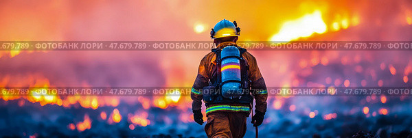 Heroic Firefighter Against Infernal Blaze: A Brave Soul's Battle Against the Flames, Ready to Serve, Protect, and Save Lives. Стоковое AI-изображение, AI-художник Данила Большаков / Фотобанк Лори