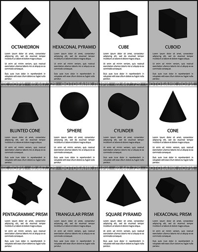 Hexagonal and pentagonal, pentagrammic and triangular black prisms, blunted cone, hexagonal and square pyramid, octahedron vector illustrations set. Hexagonal and Pentagonal Pentagrammic Black Prisms. Стоковая иллюстрация, агентство Ingram Publishing / Фотобанк Лори