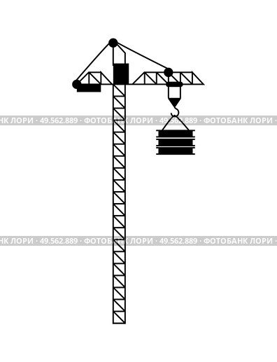 High lift construction with hook and load, crane in black color and flat design style, modern equipment for raising building objects, machine vector. Crane with Load, Lift Equipment, Building Vector. Стоковая иллюстрация, агентство Ingram Publishing / Фотобанк Лори