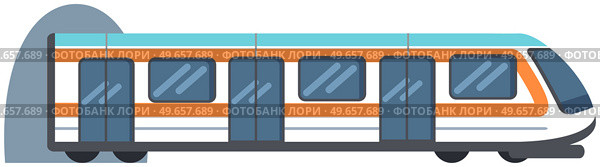 High speed underground transport leaving tunnel to metro. Public transport, train for transporting metro passengers. Train of subway with automatic doors. Modern subway tramway vector illustration. High speed underground public transport leaving tunnel to metro. Train of subway for passengers. Стоковая иллюстрация, агентство Ingram Publishing / Фотобанк Лори