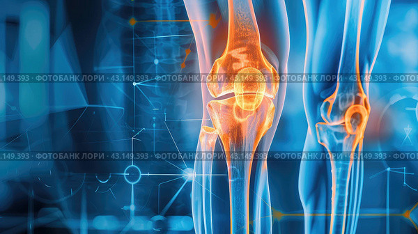 High-tech computer model of a leg with an inflamed knee joint. X-ray of the knee joint. Стоковое AI-изображение, AI-художник Александр Довянский / Фотобанк Лори