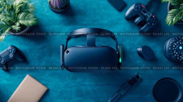 High-Tech Immersion: Display of VR headset with gaming elements, perfect for virtual reality technology presentation and gaming promotional materials. Стоковое AI-изображение, AI-художник Данила Большаков / Фотобанк Лори