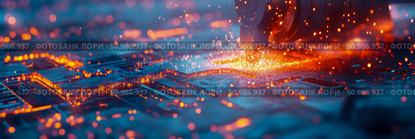High-tech industrial process on futuristic circuit board, showcasing precision cutting with vibrant orange sparks and glowing data pathways. Стоковое AI-изображение, AI-художник Данила Большаков / Фотобанк Лори