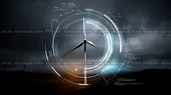 High-tech wind turbine with holographic energy stats, sci-fi interface. Solar power plant and communication network concept. Renewable energy. Smart grid. Sustainable resources. Стоковое AI-изображение, AI-художник ALLA YURTAYEVA / Фотобанк Лори