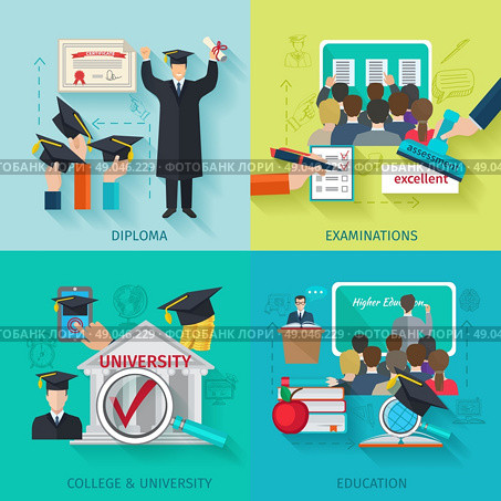 Higher Education Flat Set. Higher education design concept set with flat diploma and examination icons isolated vector illustration. Стоковая иллюстрация, агентство Ingram Publishing / Фотобанк Лори