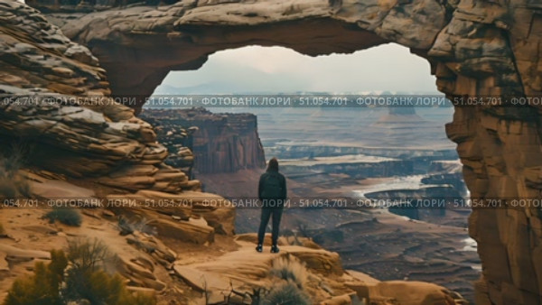 Hiker man stands on a cliff, overlooking the vast desert landscape below. He gazes out at the arid expanse, taking in the rugged beauty of the terrain. Стоковое AI-видео, аниматор Данила Большаков / Фотобанк Лори