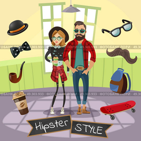 Hipsters Subculture Illustration. Subculture hipsters design in cartoon style with skateboard mustache hat bow tie coffee around people vector illustration. Стоковая иллюстрация, агентство Ingram Publishing / Фотобанк Лори